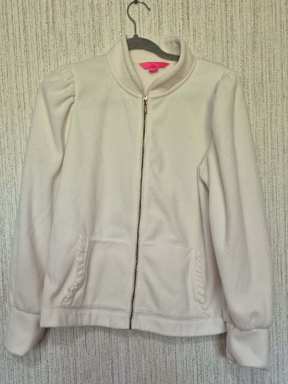 Lilly Pulitzer Size Large White Cabello Fleece Zip-Up Jacket Ruffle Accents
